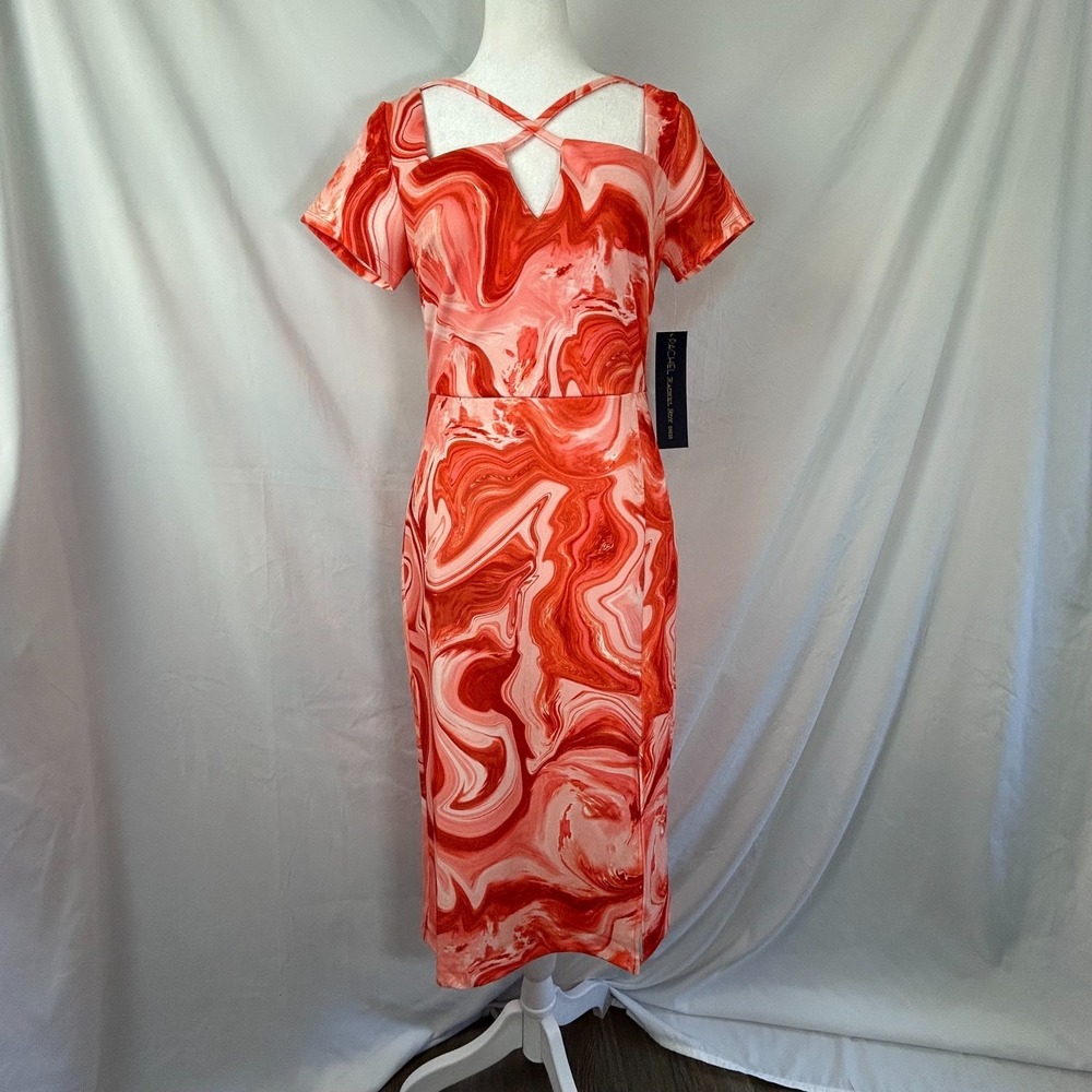 Rachel Roy Guava Swirl‎ Sheath Dress Womens Small Orange Short Sleeve Back Zip